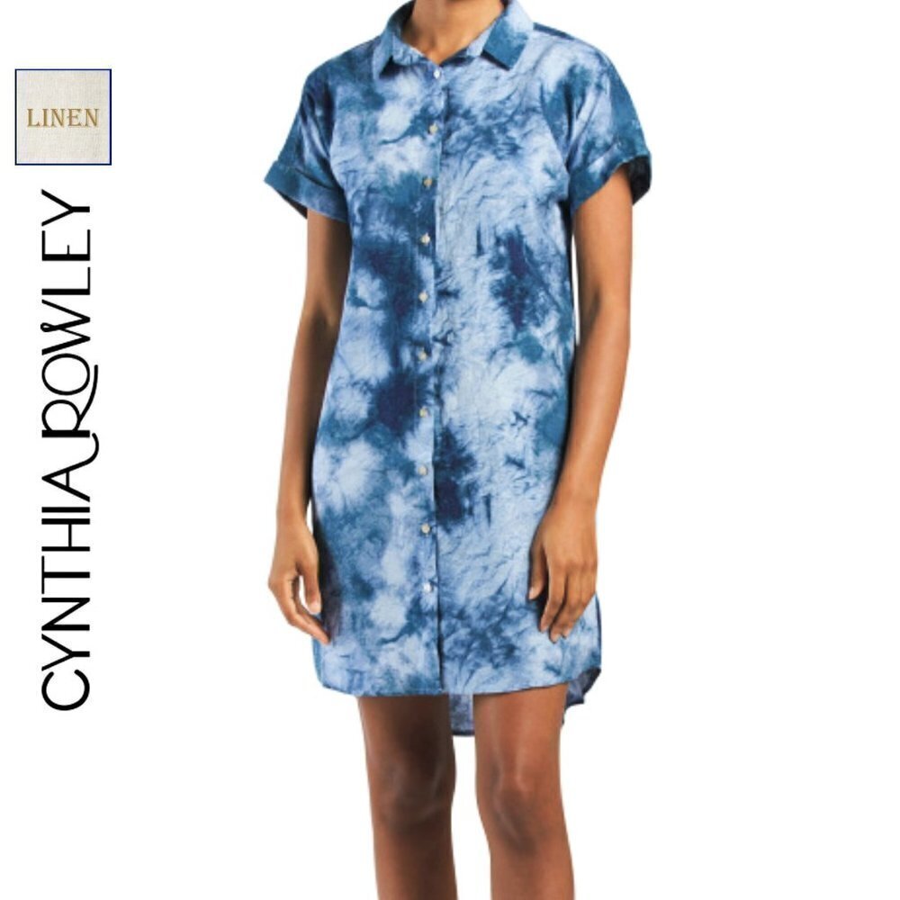 NWT CYNTHIA ROWLEY Linen Hi-low hem Short Sleeve Tie Dye Print Mini Shirt Dress
